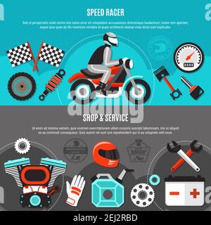 Speed racer horizontal banners with spare parts biker gear and male character riding on bike vehicle flat vector illustration Stock Vector