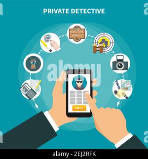 Private detective composition with colored icon set in rounds and tablet in hands vector illustration Stock Vector