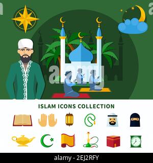 Religions flat icon set composition with isolated icons collection about Islam religion vector illustration Stock Vector