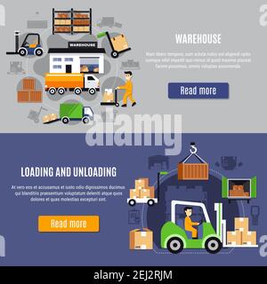 Two horizontal logistic banner set with storage and warehouse and ...