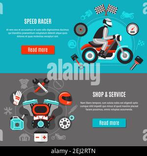 Biker flat horizontal banners with speed racer shop and service design compositions vector illustration Stock Vector