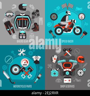 Motorcycle 2x2 design concept with bikers gear speed racer motorcycles parts shop and service square compositions flat vector illustration Stock Vector