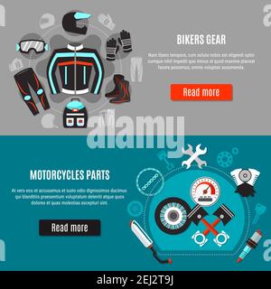 Biker accessories two horizontal banners with motorcycles parts and elements of biker clothes circle compositions flat vector illustration Stock Vector