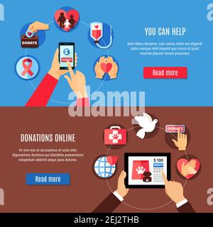 Charity banners set with human hands holding gadgets and online charity application pictograms with read more button vector illustration Stock Vector