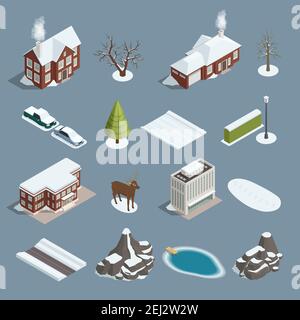 Winter landscape isometric elements set with buildings trees deer rocks mountains pond lake vehicles isolated vector illustration Stock Vector