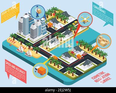 Relocation service isometric composition with company workers, drones and trucks in city on blue background vector illustration Stock Vector