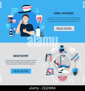 Dental horizontal banners with oral hygiene and dentistry decorative icons set flat vector illustration Stock Vector