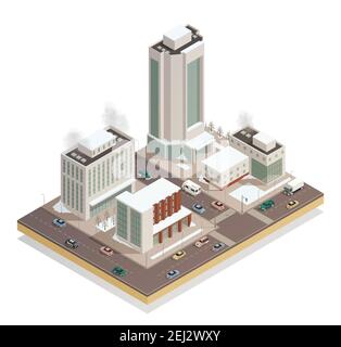 Freezy winter day in city center isometric view with modern tower buildings and vehicles on streets vector illustration Stock Vector