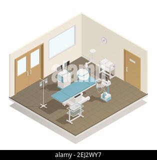 Hospital operation room surgical and examining table lights cooling infusion medical equipment supply  isometric view vector illustration Stock Vector