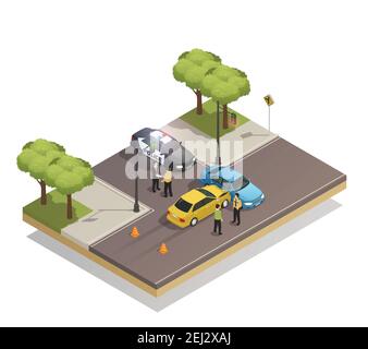 Crash road accident isometric composition with two broken cars after ...