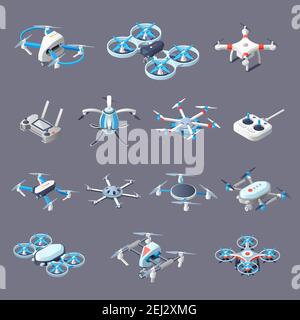 Drones isometric icons with unmanned aircrafts of different purpose with controllers isolated on grey background vector illustration Stock Vector