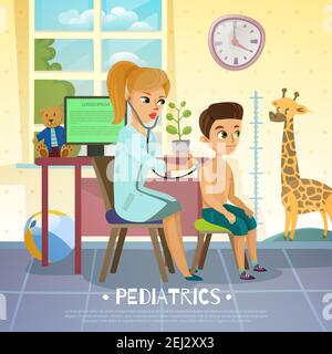 Pediatric department in hospital scene with woman doctor and boy during examination of breathing system vector illustration Stock Vector