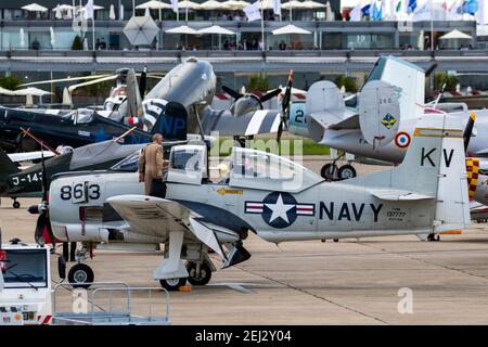 North American T-28B Trojan aircraft in US Navy colors at the Paris Air Show. France - June 20, 2019 Stock Photo