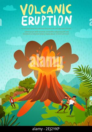 Volcano eruption with flowing lava and smoke cloud on island. Cartoon ...