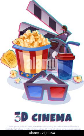 3D cinema cartoon composition with film roll, glasses, popcorn with drink, clapper and tickets vector illustration Stock Vector