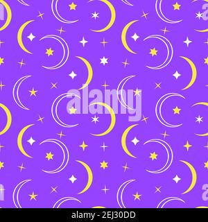 Colorful seamless pattern with yellow and white moon and stars on purple background Stock Vector