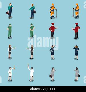 Professions uniform isometric people set of isolated faceless human characters dressed in appropriate utility clothing vector illustration Stock Vector