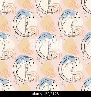 Seamless pattern with single line drawing of woman portrait with moon and stars with abstract geometric neutral shapes Stock Vector