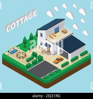 Isometric house composition with images of double-story villa with outdoor area and garage for cars vector illustration Stock Vector