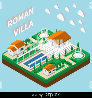Isometric house composition with cumbersome clouds text and images of pantheon style buildings with park grounds vector illustration Stock Vector