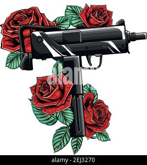 weapont Uzi with red roses vector illustration Stock Vector