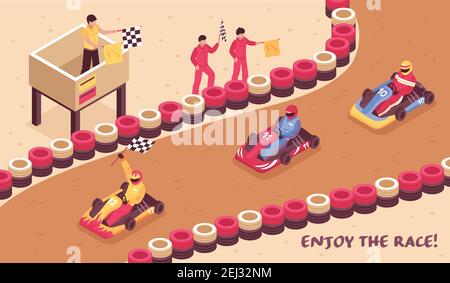 Isometric carting horizontal composition with view of race track racing drivers on carts and finish flags vector illustration Stock Vector