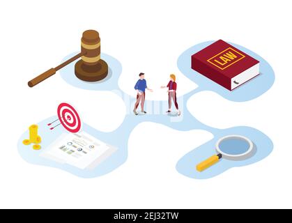 legal advice consultation concept with people discussion and book with gavel icon with modern isometric style vector illustration Stock Photo