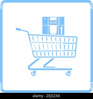 Shopping Cart With Cofee Machine Icon. Blue Frame Design. Vector Illustration. Stock Vector