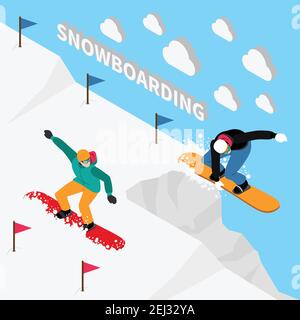 Winter sport isometric people composition with snowboard rider people characters in uniform with 3d text and clouds vector illustration Stock Vector