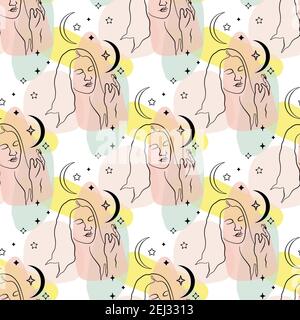 Seamless pattern with single line drawing of woman portrait with moon and stars with abstract geometric neutral shapes Stock Vector