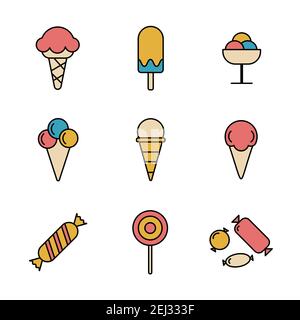 Set of colored Simple different sweets icon in trendy line style isolated on white background for web apps and mobile concept. Vector Illustration. EP Stock Vector