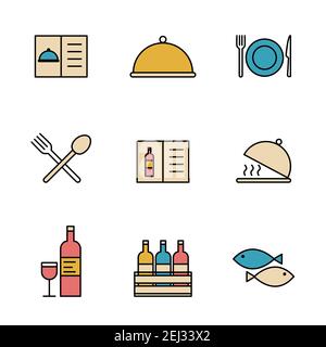 Set of Simple colored restaurant utensils icon in trendy line style isolated on white background for web apps and mobile concept. Vector Illustration. Stock Vector