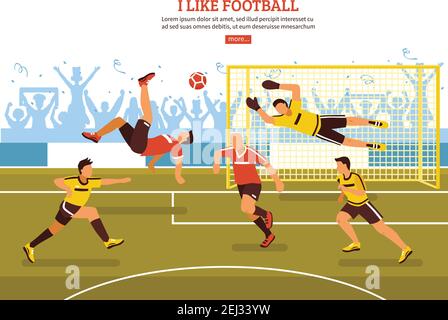 Football soccer background with editable text more button and football field with players and fans silhouettes vector illustration Stock Vector
