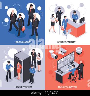 Security system isometric design concept with bodyguards, office access control, video monitoring, checkpoint isolated vector illustration Stock Vector
