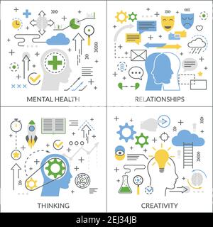 Mental activity flat linear design concept with psychological health, relationships, creativity, thinking process isolated vector illustration Stock Vector