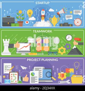 Set of horizontal banners with startup development concept including project planning and teamwork isolated vector illustration Stock Vector