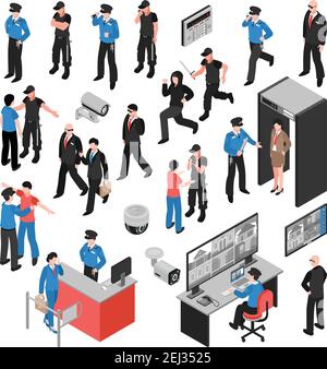 Security system isometric icons set with guards, criminals, personal inspection, video surveillance, access control isolated vector illustration Stock Vector