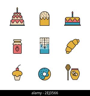 Set of Simple colored delicious sweet food icon in trendy line style isolated on white background for web apps and mobile concept. Vector Illustration Stock Vector