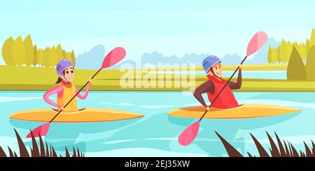 Two people doing water sports in rowing boats on river cartoon vector illustration Stock Vector