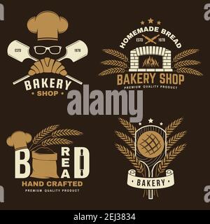 Bakery badge, logo. Vector illustration. Typography design with bag with flour, oven, bread shovels, hop and balance scale silhouette. Template for restaurant identity objects, packaging and menu Stock Vector