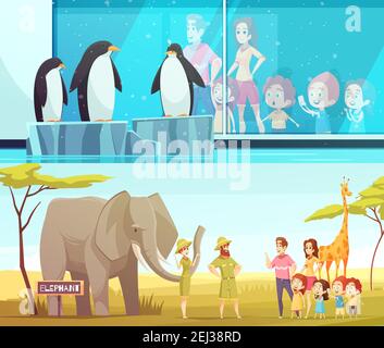 Cartoon zoo with visitors and safari animals. Happy families with kids ...