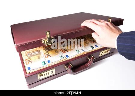 24-hour half-open briefcase full of euro banknotes Stock Photo