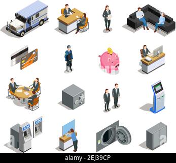 Bank isometric elements collection with customer service financial analyst bookkeeper credit card armored truck  isolated vector illustration Stock Vector