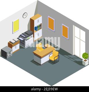 Bank customer assistant clerk office interior isometric view with desk cash box and fax printer vector illustration Stock Vector