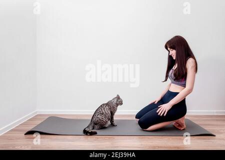 Young Woman Practicing Yoga At Home and Play with Cat on a Mat. Stock Photo