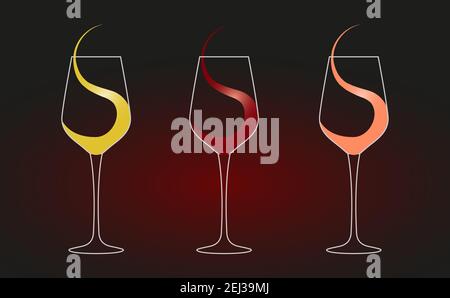 Glasses of red, white and rose wine, sign or logo flat design style on a dark background. Vector illustration Stock Vector