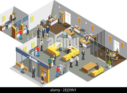 Bank offices interior with customers in waiting area and accounting clerks attending clients isometric composition vector illustration Stock Vector