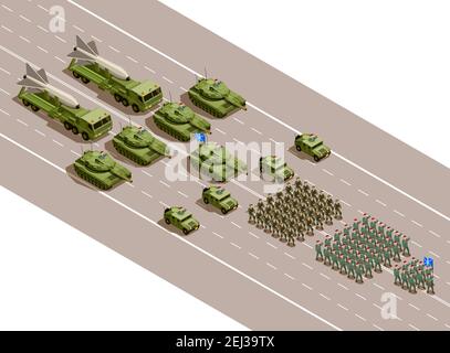 Military unit isometric composition with army trucks infantry fighting ...
