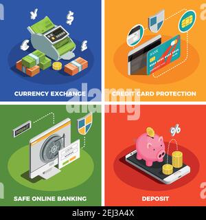 Safe online banking 4 isometric icons square with deposit credit card protection currency exchange isolated vector illustration Stock Vector