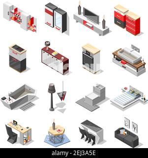 Futuristic and hi-tech isometric interior collection with images of contemporary style furniture for domestic use vector illustration Stock Vector
